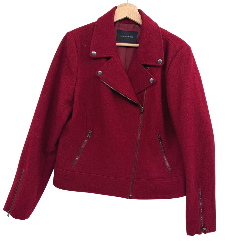Banana Republic Factory Womens‎ Moto Jacket Burgundy Large Wool Blend Modern